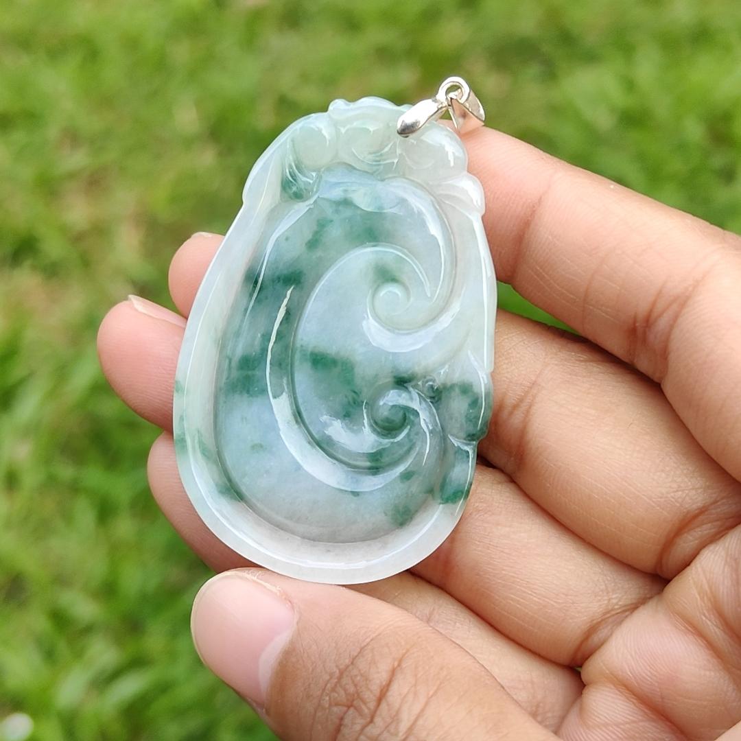 Special Offer, Green with Light Green Floating Flower (Piaohua) Natural Type A Jadeite Pendant Necklace crafted with Bat on Ruyi with certificate weigh 17.71 grams, 51.6 * 34.5 * 6 mm sysmbols of Happiness, auspiciousness (pendant103) Yi Pin Qian