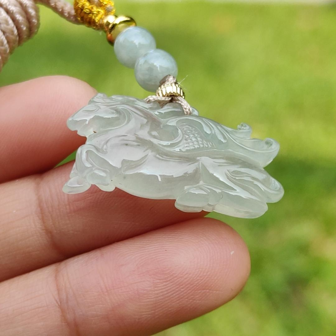 Icy with light green base Natural Type A Jadeite Pendant Necklace crafted as Flying Horse symbols of Good luck is coming soon, Longma spirit with QIC approved certificate weigh 4.55 grams, 15.6 * 28 * 6.3 mm (pendant65) Yi Pin Qian
