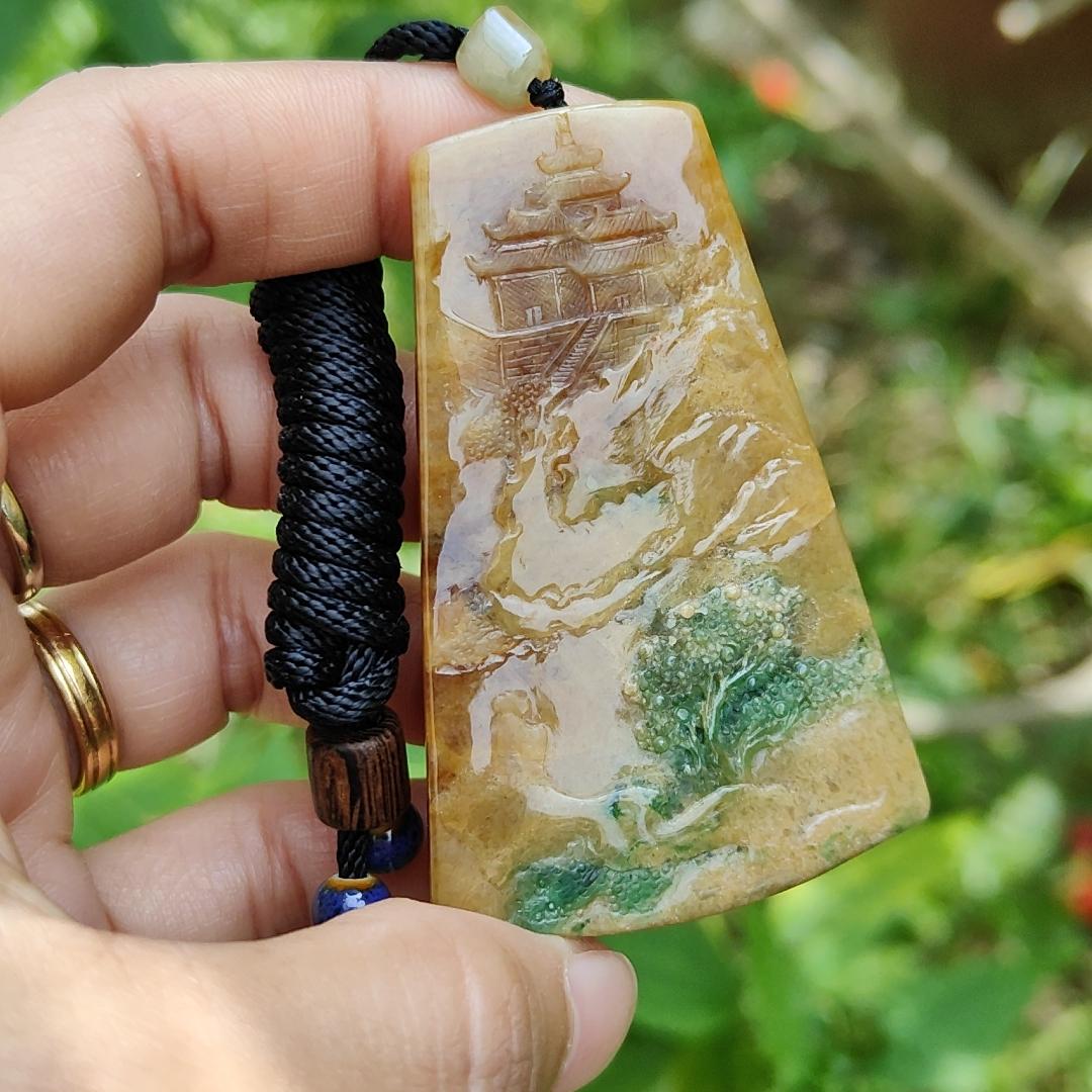 Very Rare Green, Red and Yellow Natural Type A Jadeite Jade Pendant Necklace with Sceneries, certificate included weigh 29.84 grams, measurement 61.6 * 39.7 * 5.8 mm (pendant183) Yi Pin Qian