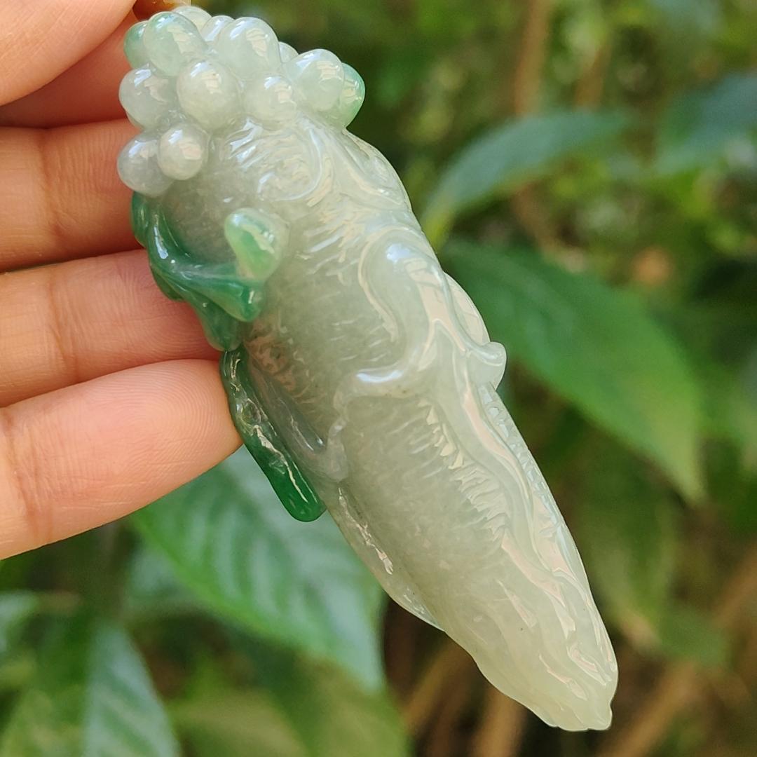 With Green and Light Green Ginseng Ruyi Natural Type A Jadeite pendant come with certificate weight 40.59 grams, 72.30 * 24.80 * 20 mm meaning Auspicious, representing good luck, happiness, joy, and wealth boosting you wearing it (pendant97) Yi Pin Qian