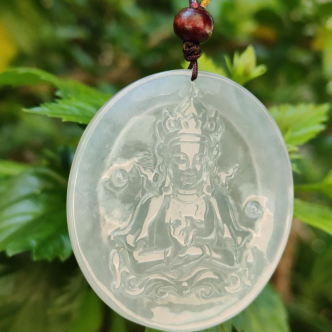 Very Rare High Translucent Icy Natural Type A Jadeite Pendant carved with Guanyin symbolizes compassion, mercy, healing, protection, purity, enlightenment, harmony, balance, and the feminine divine certificate weigh 19.62 g, 52.8 * 46.6 * 5 mm (pendant78) Yi Pin Qian