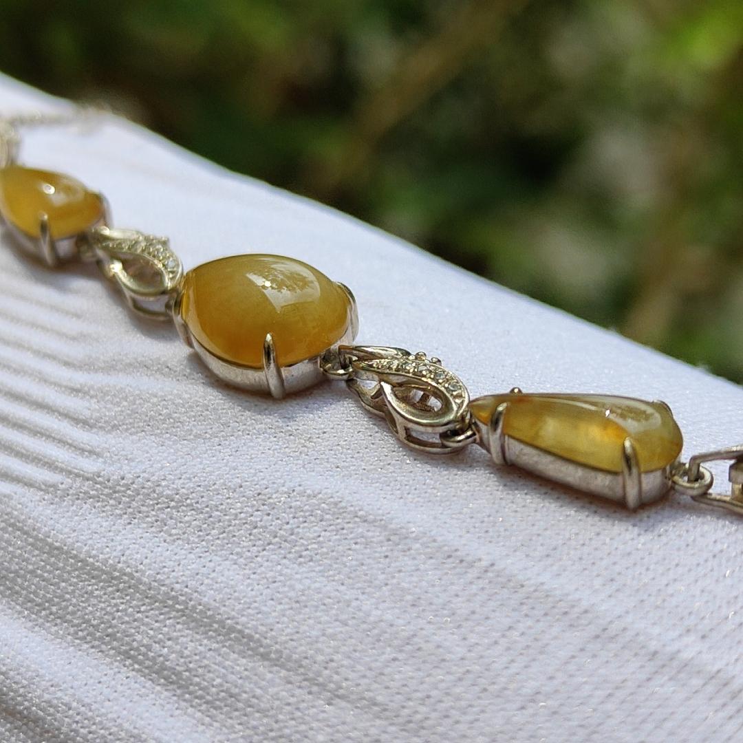 Excellent Yellow Cabochons Semi to Icy Translucent Quality Natural Type A Jadeite Jade as Bracelet set on S925, certificate weighs 3.95 grams, measurement see descriptions(s925b2) Yi Pin Qian