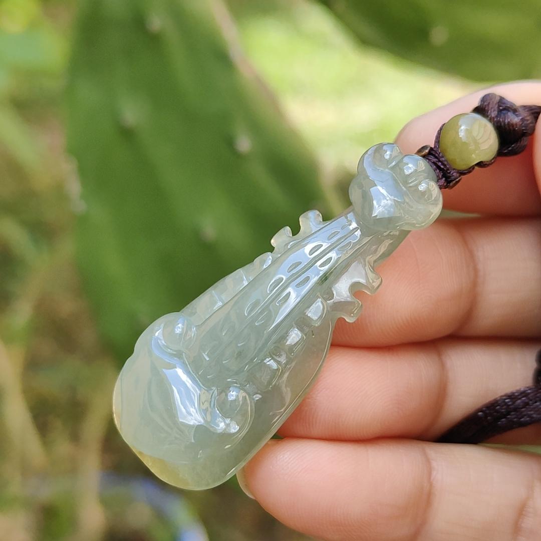 Semi Icy Rare Yellow and Green Natural Type A Jadeite Jade crafted as Ruyi musical instrument pipa as Pendant with certificate weigh 9.08 grams, measurement 45.3 * 18.7 * 6.6 mm (pendant226) Yi Pin Qian