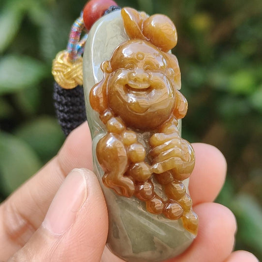 Very Rare Good Quality Reddish Yellow and Light Green Natural Type A Jadeite Jade crafted with Milo Buddha as Pendant with certificate weigh 37.43 grams, measurement 50 * 18.5 * 20.3 mm (pendant235) Yi Pin Qian