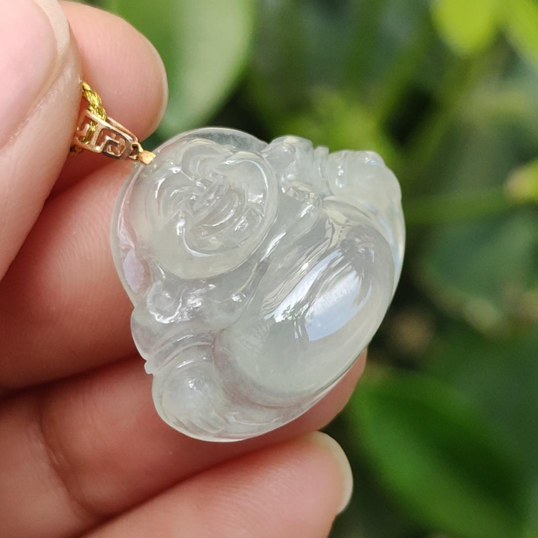 New Listing crafted as Milo Buddha on Natural Type A Jadeite Jade as Pendant with 18k Clasp, certificate weighs 3.97 grams, measurement 19.3 * 23.3 * 6.3 mm (18kp89) Yi Pin Qian Jadeites Jade Jewelry ~Your Precious Quintessential ~ Singapore