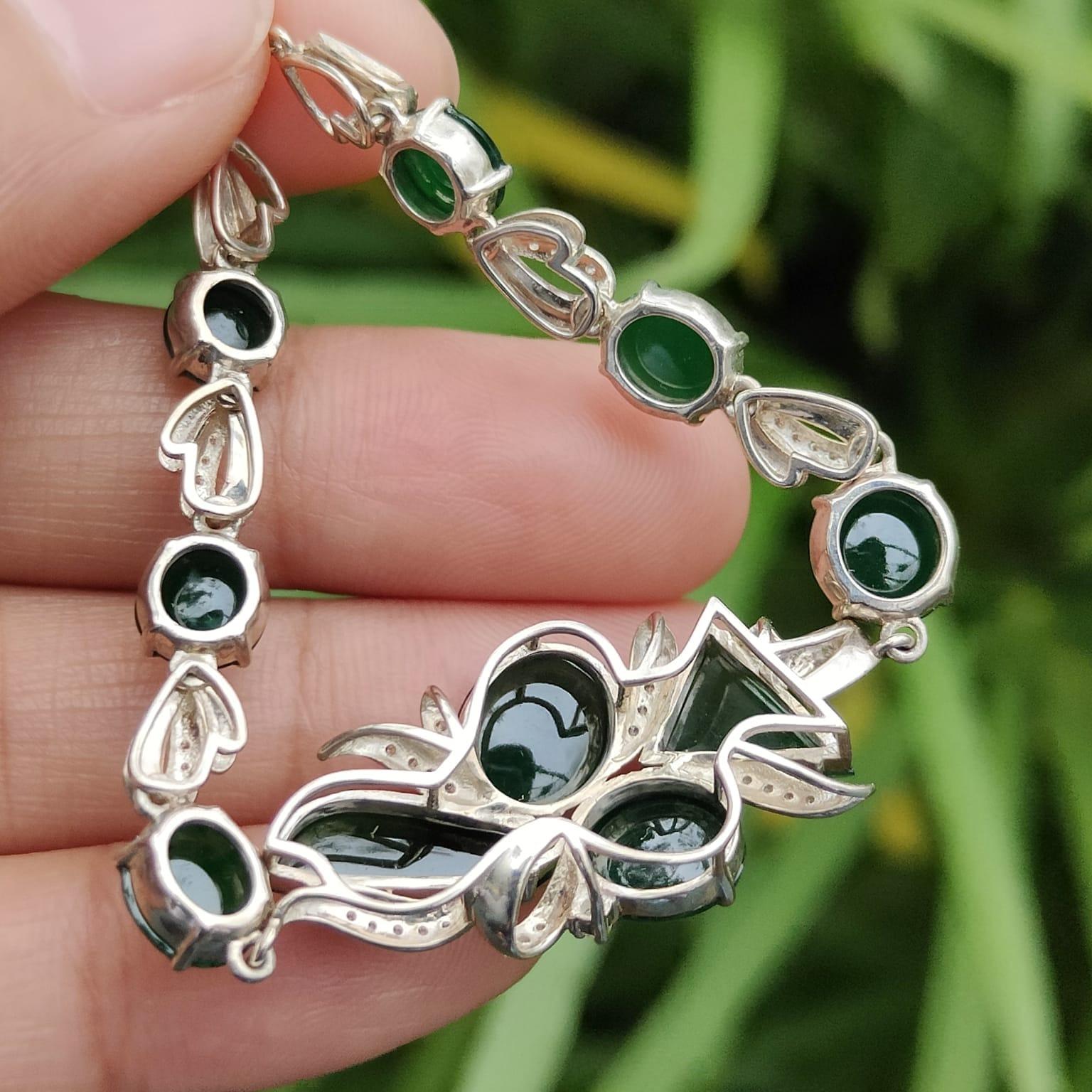 10 Dark Green Multi Shapes Cabochons crafted on Natural Type A Jadeite Jade set with High quality S925 as Bracelet, certificate weighs 7.66 grams (s925b6) Yi Pin Qian Jadeites Jade Jewelry ~Your Precious Quintessential ~ Singapore