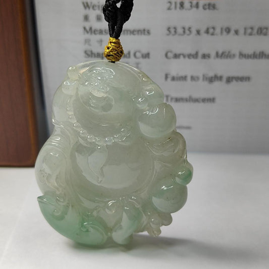 Natural Type A Jadeite Jewellery Pendant carved as Milo Buddha with Ruyi with Gemstone report from NGI weighs at 218.34 grams , 53.35 * 42.19 * 12.02 mm , Translucent with faint to light green with good translucency premium quality pendant (pendant156) Yi Pin Qian
