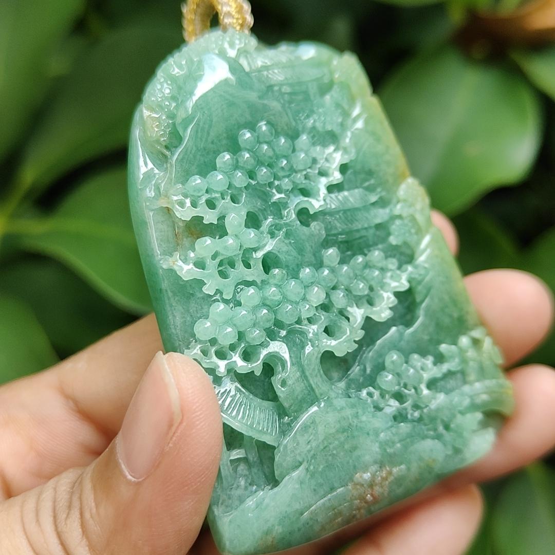 Big Jadeite-Jade, Green with Brown Natural Type A crafted with Sceneries as Pendant, Good for Fengshui, certificate weighs 76.47 grams, measurement 67.6 * 50 * 10.8 mm (pendant305) Yi Pin Qian Jadeites Jade Jewelry ~Your Precious Quintessential ~ Singapore