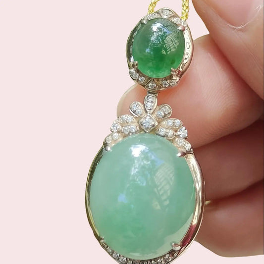 Natural Type A Jadeite Pendant – Icy Emerald & Light Green Cabochons, S925 Silver Setting, Timeless Elegance (s925p6) Yi Pin Qian Jadeites Jade Jewelry ~Your Precious Quintessential ~ Singapore