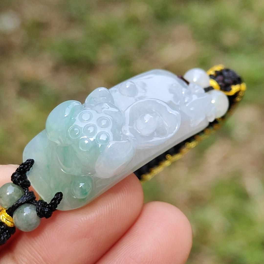 Light Green Natural Type A Jadeite Jade crafted with frog and Lotus as bracelet, certificate weigh 9.98 grams, measurement 33.9 * 14.1 * 12.3, (bracelet23) Yi Pin Qian