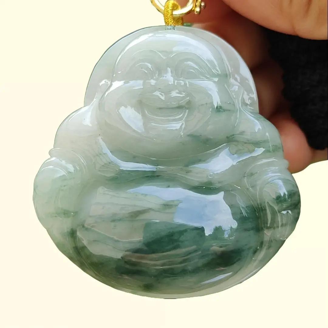 Rare, Hugh, Old Mine Translucent Floating bluish green patches Natural Type A Jadeite Pendant carved as Milo Buddha weight 232.82 grams, 52.83 * 51.18 * 12.18 mm, fine grain crystal aggregate suitable for daily wear with NGI Certificate (pendant143) Yi Pin Qian