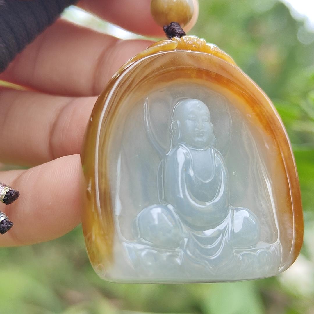 Rare old yellow Natural type A jadeite pendant with certificate carved as buddha seating on lotus weight 26.99 grams, 38.20 * 34.20 * 8.80 mm suitable for daily wear (pendant122) Yi Pin Qian