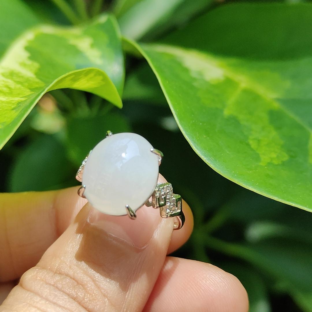 High Quality Semi Icy Cabochon with good Translucency Natural Type A Jadeite Jade set with S925 as adjustable Ring, certificate weighs 2.75 grams, measurement 12.9 * 11 * 4.8 (s925ring15) Yi Pin Qian Jadeites Jade Jewelry ~Your Precious Quintessential ~ Singapore