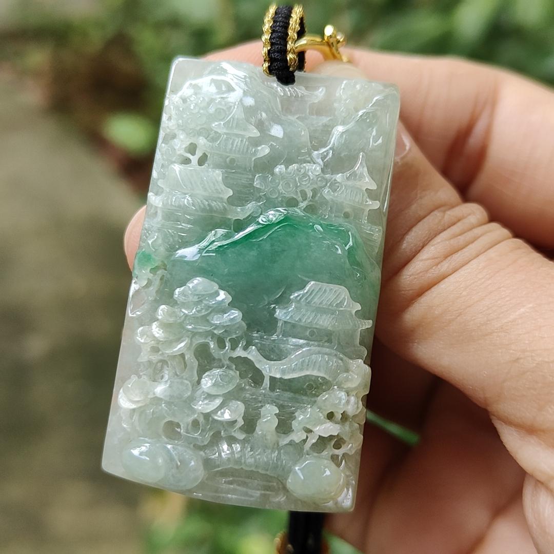 Latest arrival SG Local Seller crafted as sceneries Pendant Light green Hue, Green and white Natural Type A Jadeite Jade, certificate weighs 21.24 grams, measurement 47 * 26.9 * 7.5 mm (pendant353) Yi Pin Qian Jadeites Jade Jewelry ~Your Precious Quintessential ~ Singapore