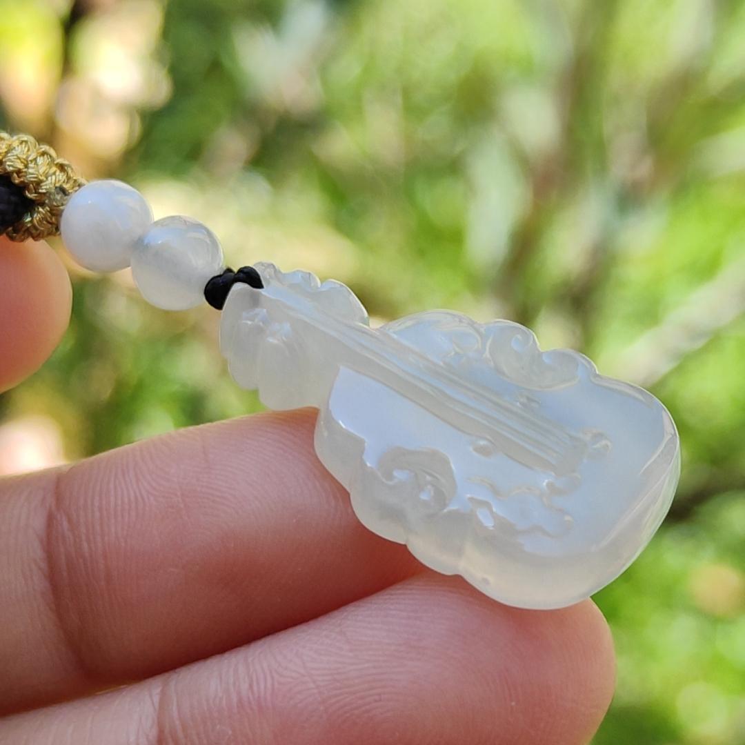 Super Rare Pure White Semi Icy Natural Type A Jadeite Jade crafted as Violin Pendant, certificate weighs 3.92 grams, measurement 27.7 * 15 * 5.3 mm (pendant256) Yi Pin Qian
