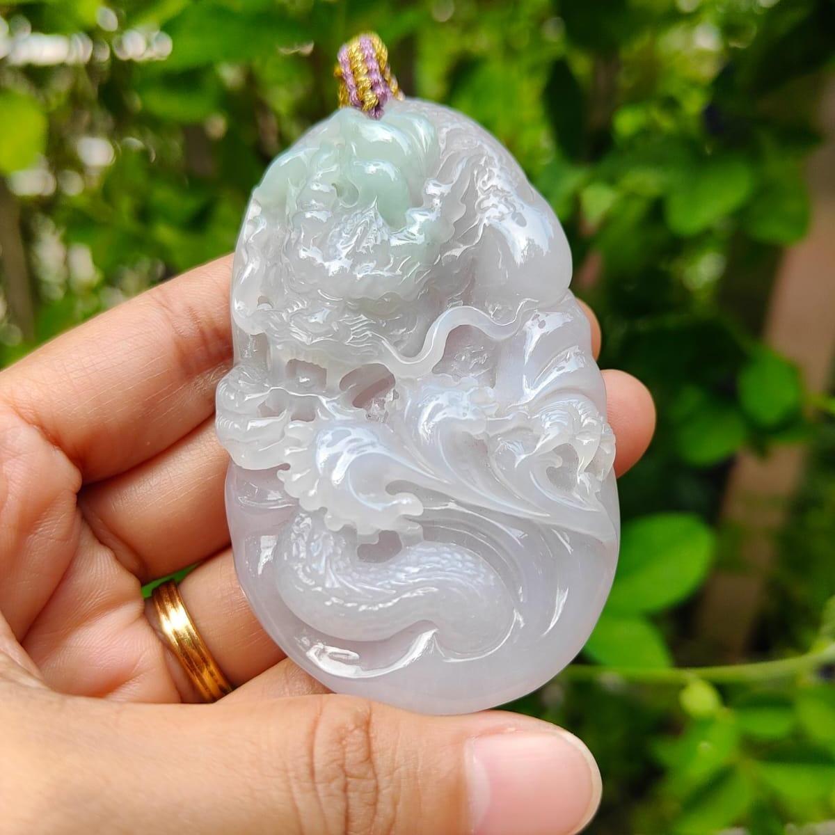 Hugh Dragon #2 Crafted on Natural Type A Jadeite Jade as Pendant, certificate weighs 88.3 grams, measurement 74 * 44.2 * 17 mm (pendant365)
