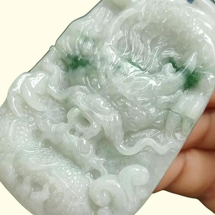 Green Floating Patches rare old-school Natural Type-A Jadeite-Jade crafted with traditional Dragon as Pendant, certificate weighs 34.91 grams, measurement 60.6 * 38.8 * 8.2 mm (pendant302) Yi Pin Qian Jadeites Jade Jewelry ~Your Precious Quintessential ~ Singapore