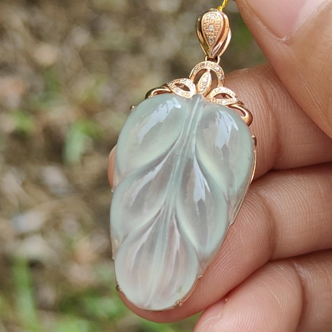 Premium Quality Icy Translucent Light Green Hue Natural Type A Jadeite Jade crafted as Leaf set on 18k Gold as Pendant, certificate weighs 5.07 grams, measurement 40.5 * 18 * 7.5 mm (18kp42) Yi Pin Qian