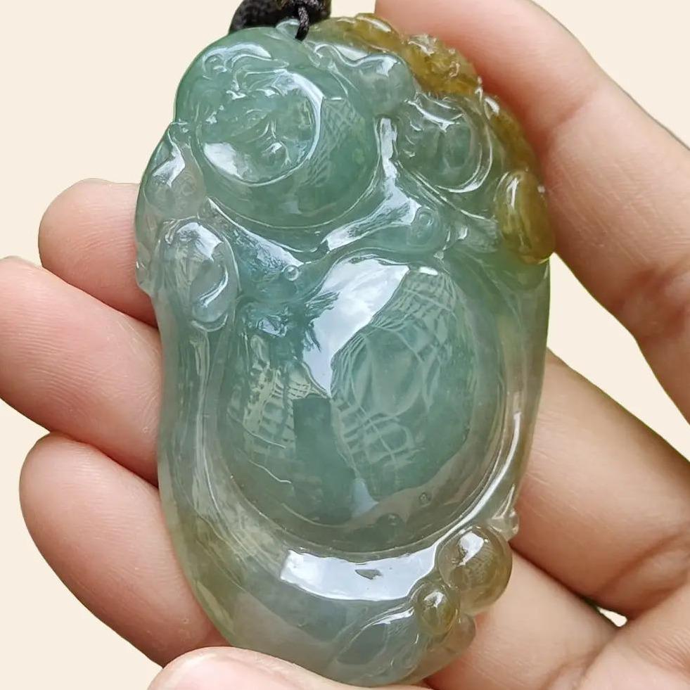 New Arrival Singapore - High Quality Green with Yellow Crafted as Milo Buddha on Natural Type A Jadeite Jade as Pendant with certificate weighs 41.79 grams, measurement 63.2 * 39.9 * 10.7 mm (pendant323) Yi Pin Qian Jadeites Jade Jewelry ~Your Precious Quintessential ~ Singapore