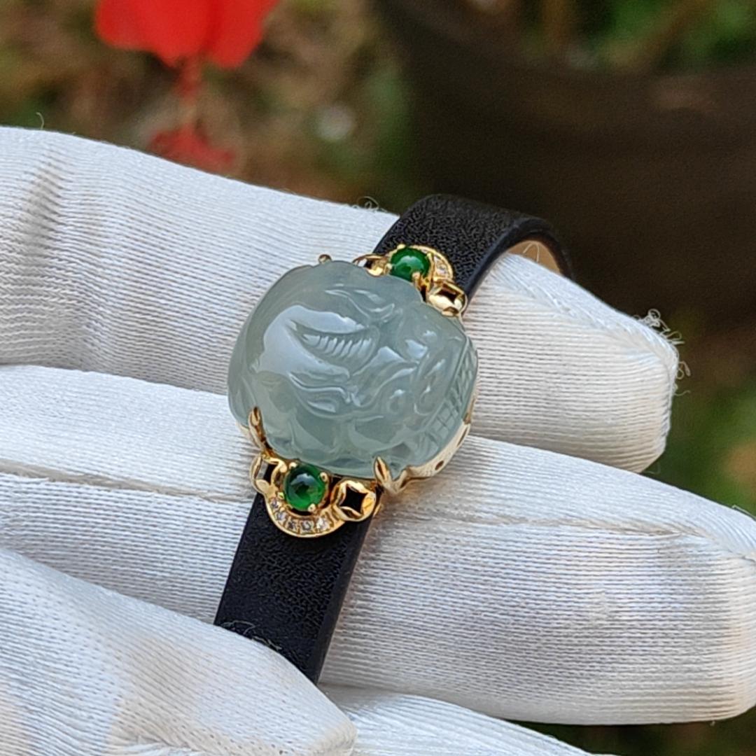 Light Green Hue Natural Type A Jadeite Jade crafted as Pixiu set on 18k Gold with 2 Green Cabochon and diamonds, adding PU wrist band upgraded elegant style bracelet, certificate weigh 4.44 grams, measurement 16.6 * 14.1 * 7.5 mm (18kpw1) Yi Pin Qian