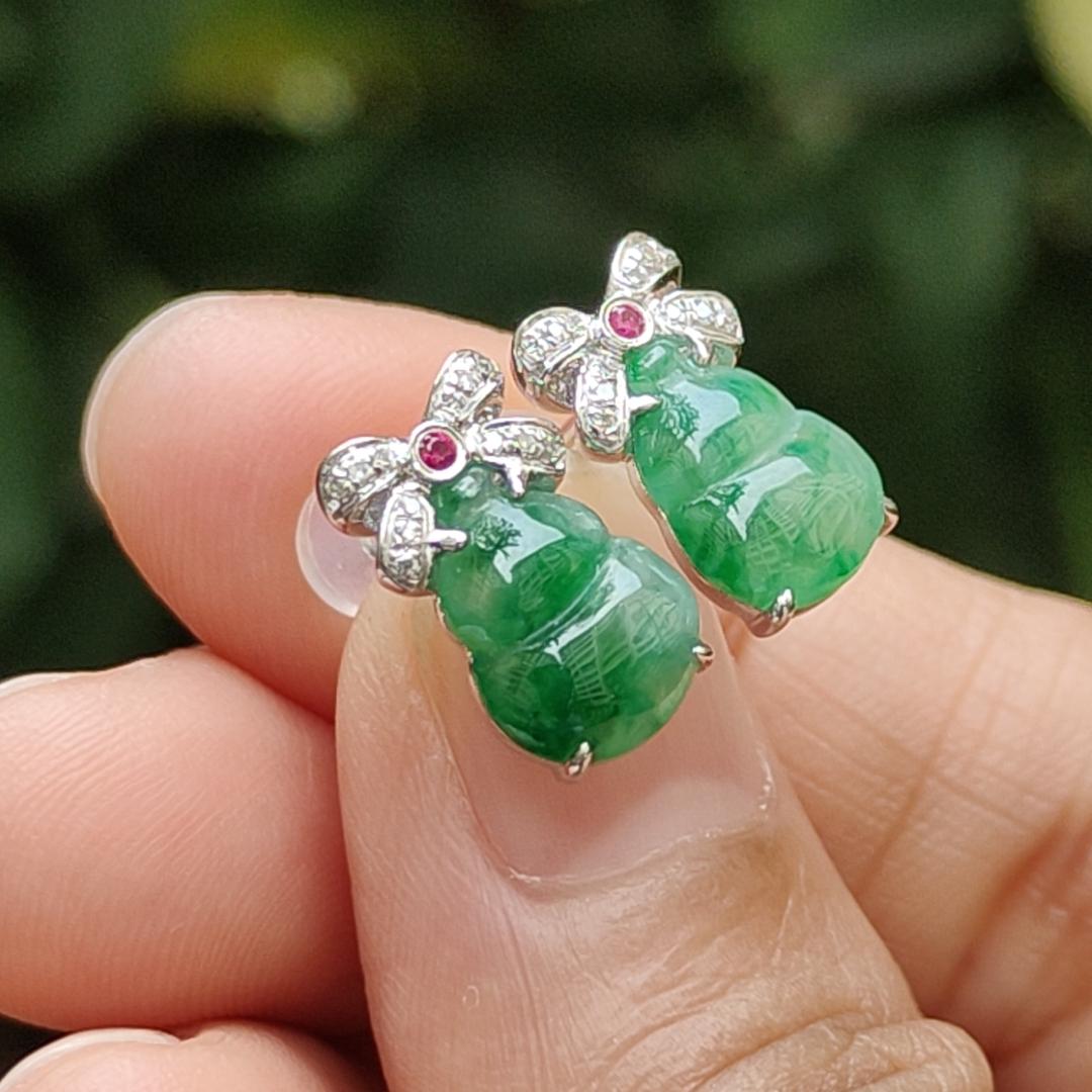 High Quality Light Green with Green Patches crafted as one pair of Gourd on Natural Type A Jadeite Jade as Stud Earrings Certificate weighs 2.38 grams (18k01) Yi Pin Qian Jadeites Jade Jewelry ~Your Precious Quintessential ~ Singapore