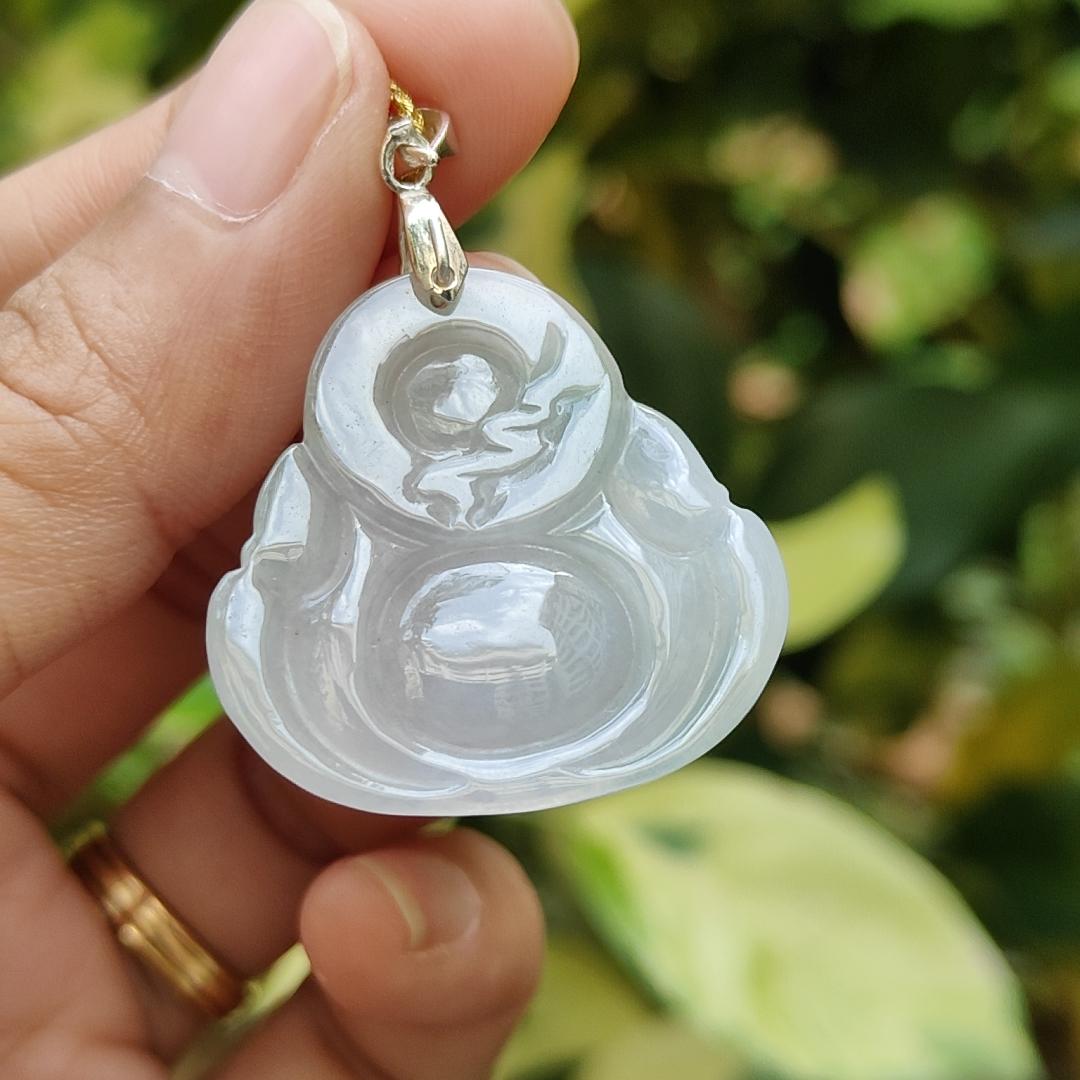 High Quality Milo Buddha Pendant on Natural Type A Jadeite Jade certificate weighs 8.74 grams, measurement 29 * 29.5 * 6.7 mm (pendant378) Yi Pin Qian Jadeites Jade Jewelry ~Your Precious Quintessential ~ Singapore