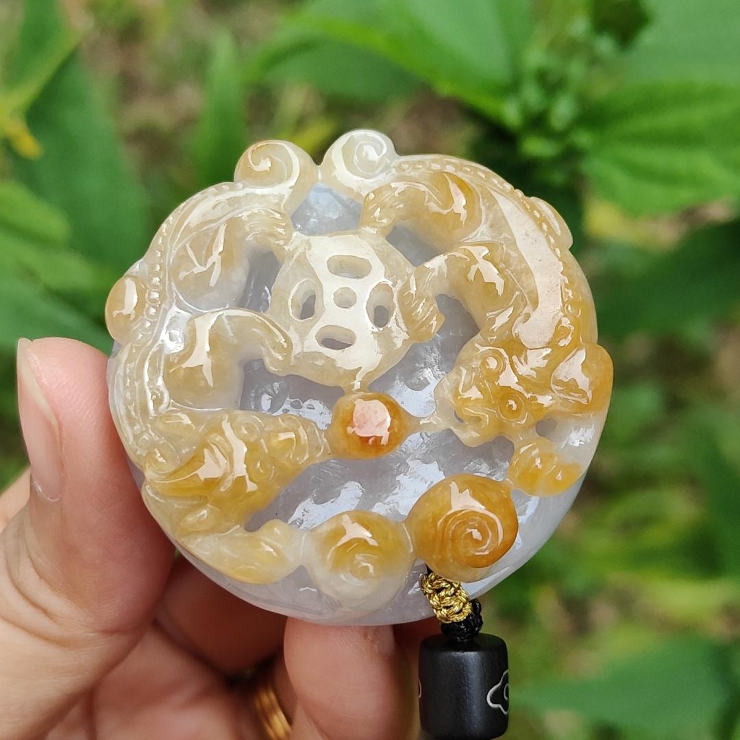 Yellow and Purple with some spreads of red patches Natural Type A Jadeite Pendant Necklace crafted with double pixiu, coin and bat boosting your luck, money and blessing, certificate included weigh 41.87 grams, 45 * 44.9 * 13 mm Yi Pin Qian