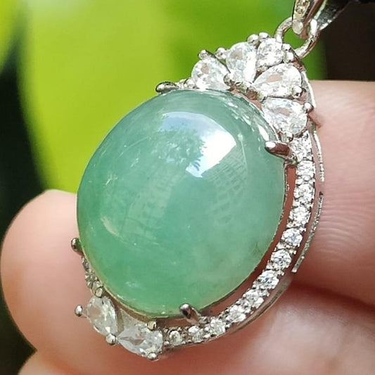 Natural Type A Jadeite Pendant 🌱🌀 – S925 Silver + Zirconia | Wealth & Clarity Energised (Sku: s925p12)