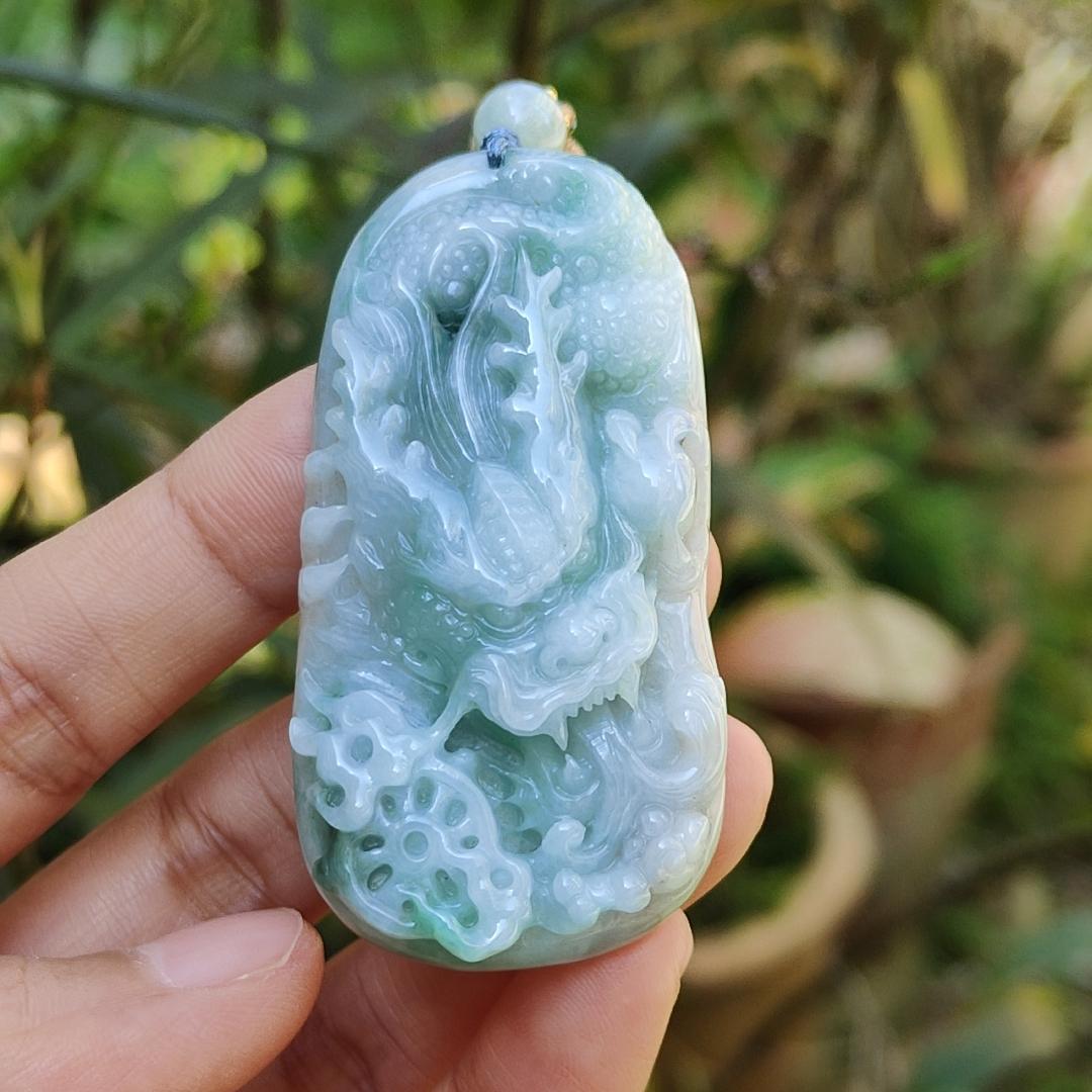 Blueish Green Natural Type A Jadeite Pendant Necklace crafted with Dragon and Fengshui Wheel, with QIC approved certificate weigh 39.57 grams, 58 * 29.8 * 12.6 mm, suitable for daily wear (pendant61) Yi Pin Qian