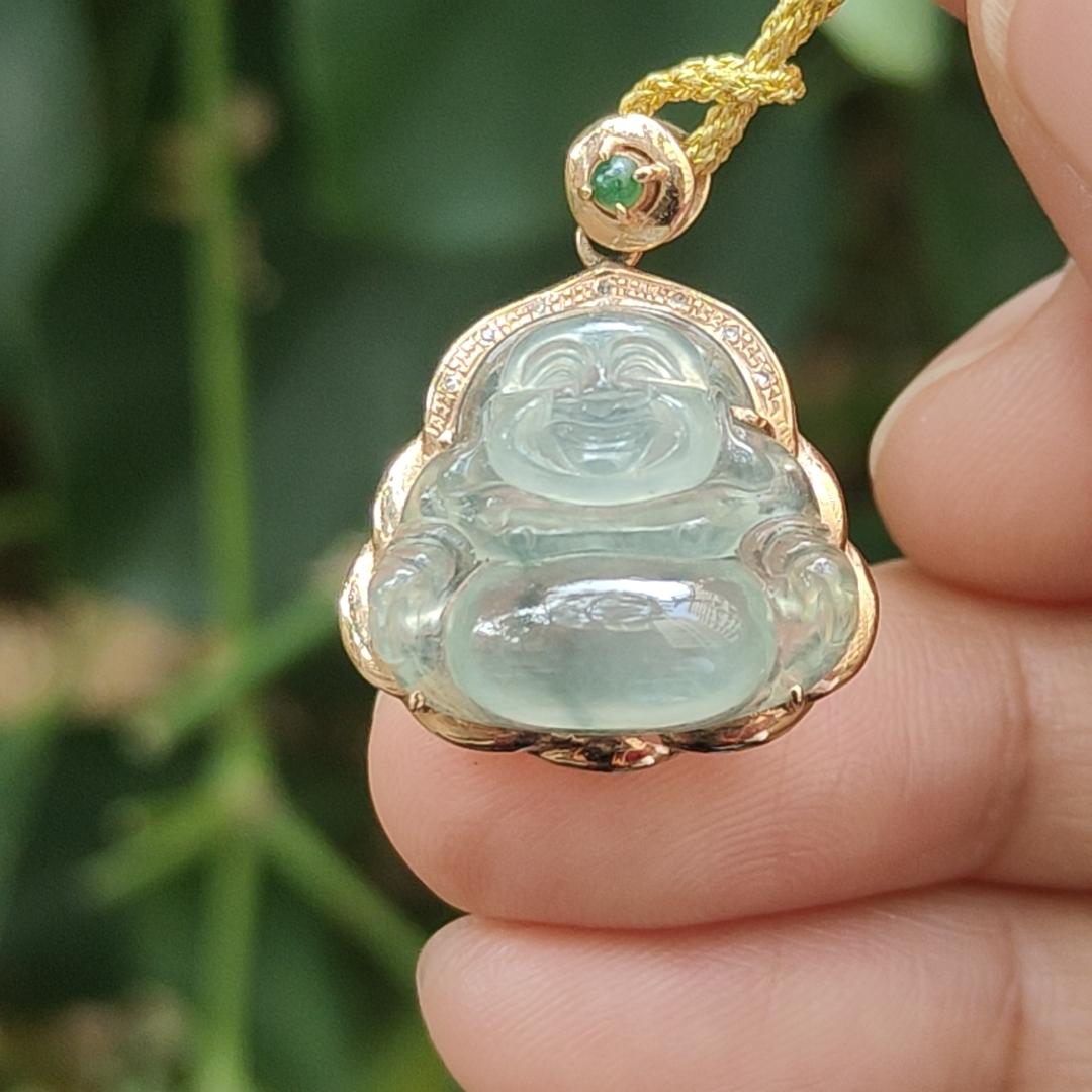 High Translucent Quality Natural Type A Jadeite Jade crafted as Milo Buddha set with 18k gold as Pendant - Latest Arrival in Sg - certificate weighs 2.77 grams, measurement 23 * 19.2 * 8.5 mm (18kp76) Yi Pin Qian Jadeites Jade Jewelry ~Your Precious Quintessential ~ Singapore