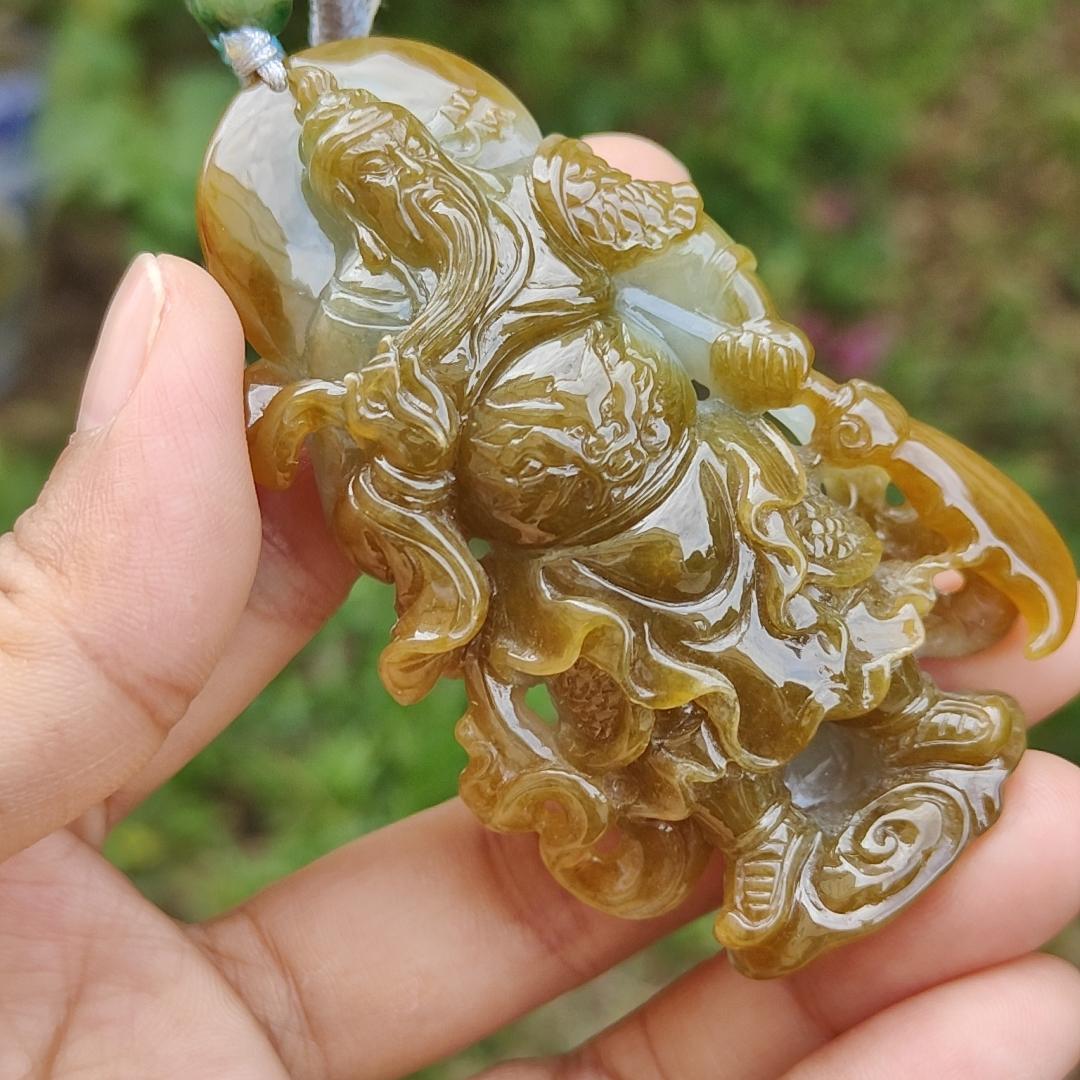 Special Sales - Very Rare Brown and Light Green Natural Type A Jadeite Jade crafted with Guan Gong as Pendant with certificate weigh 66.01 grams, measurement 70 * 43.7 * 18 mm (pendant228) Yi Pin Qian