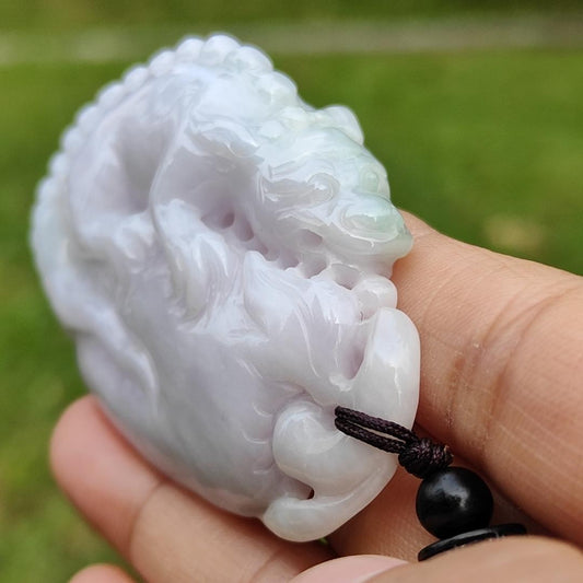 Light Lavender with Light Green Natural Type A Jadeite Jade crafted as Handheld piece or Pendant Necklace crafted as the Mythical Beast with certificate weigh 63.13 grams, measurement 63.8 * 43.8 * 16.6 mm (hand2) Yi Pin Qian