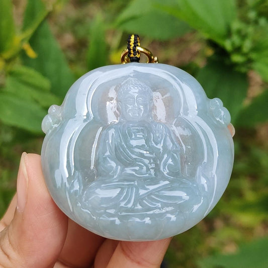 Semi Icy Bluish Green Hue Natural Type A Jadeite Pendant Crafted as Buddha with certificate included weigh 26.65 grams, 48.3 * 48.9 * 7 mm, suitable for daily wear Yi Pin Qian