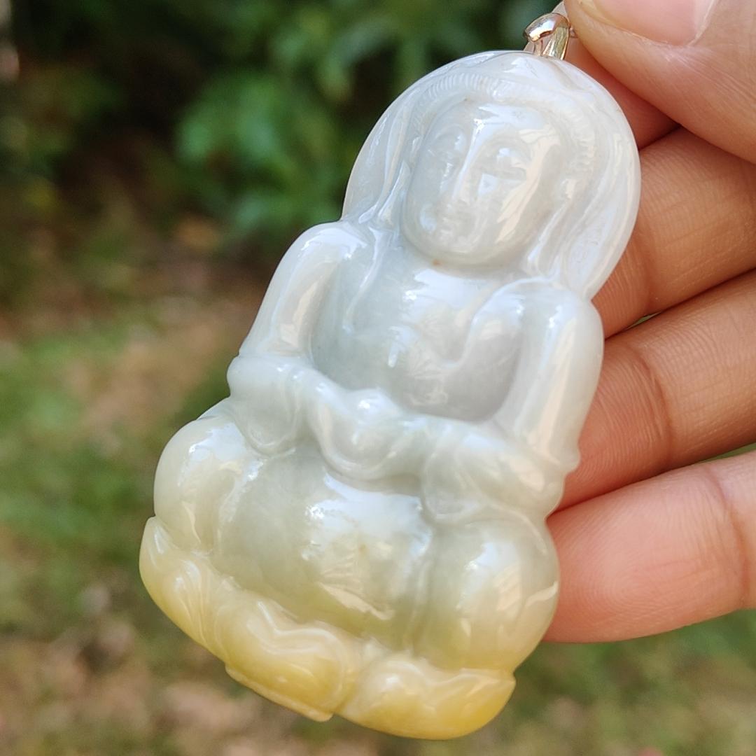 Yellow and White Guanyin Pendant Necklace Natural Type A Jadeite with certificate included weigh 25.08 grams, 59.1 * 38.6 * 7 mm, suitable for your daily wear (pendant6) Yi Pin Qian
