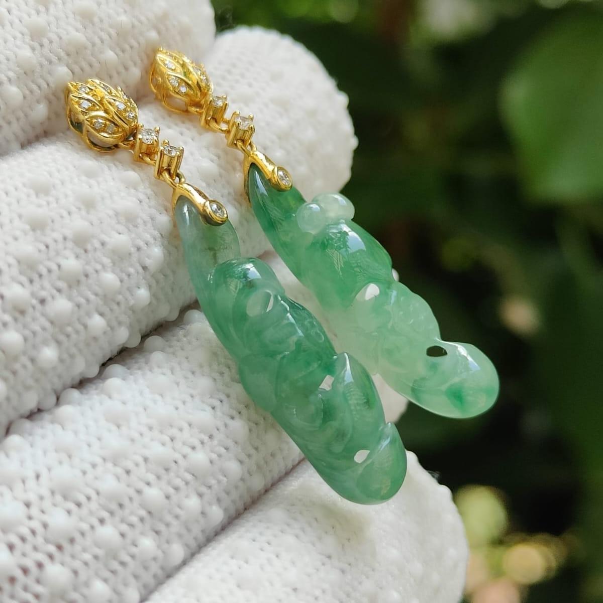 Icy Translucent Lotus Jadeite Stud Earrings – Natural Type A Jadeite, 18K with Diamonds, Symbol of Purity and Elegance (18k08) Yi Pin Qian Jadeites Jade Jewelry ~Your Precious Quintessential ~ Singapore