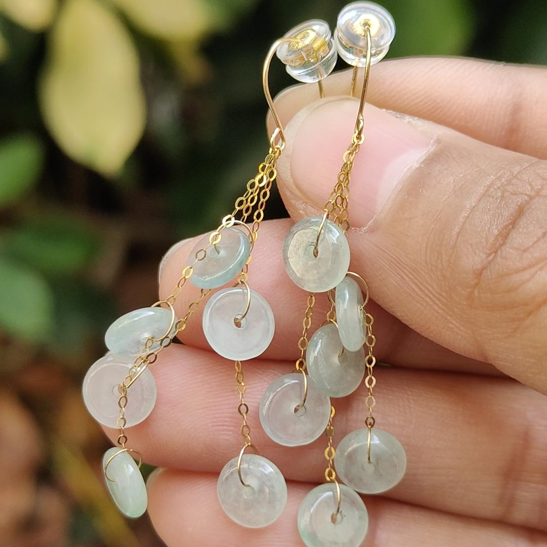 Pair of Hook Earrings set with 18k Gold on 12 Dounut shape Natural Type A Jadeite Jade, certificate weighs 2.84 grams measurement 7 * 2mm (18k04) Yi Pin Qian Jadeites Jade Jewelry ~Your Precious Quintessential ~ Singapore