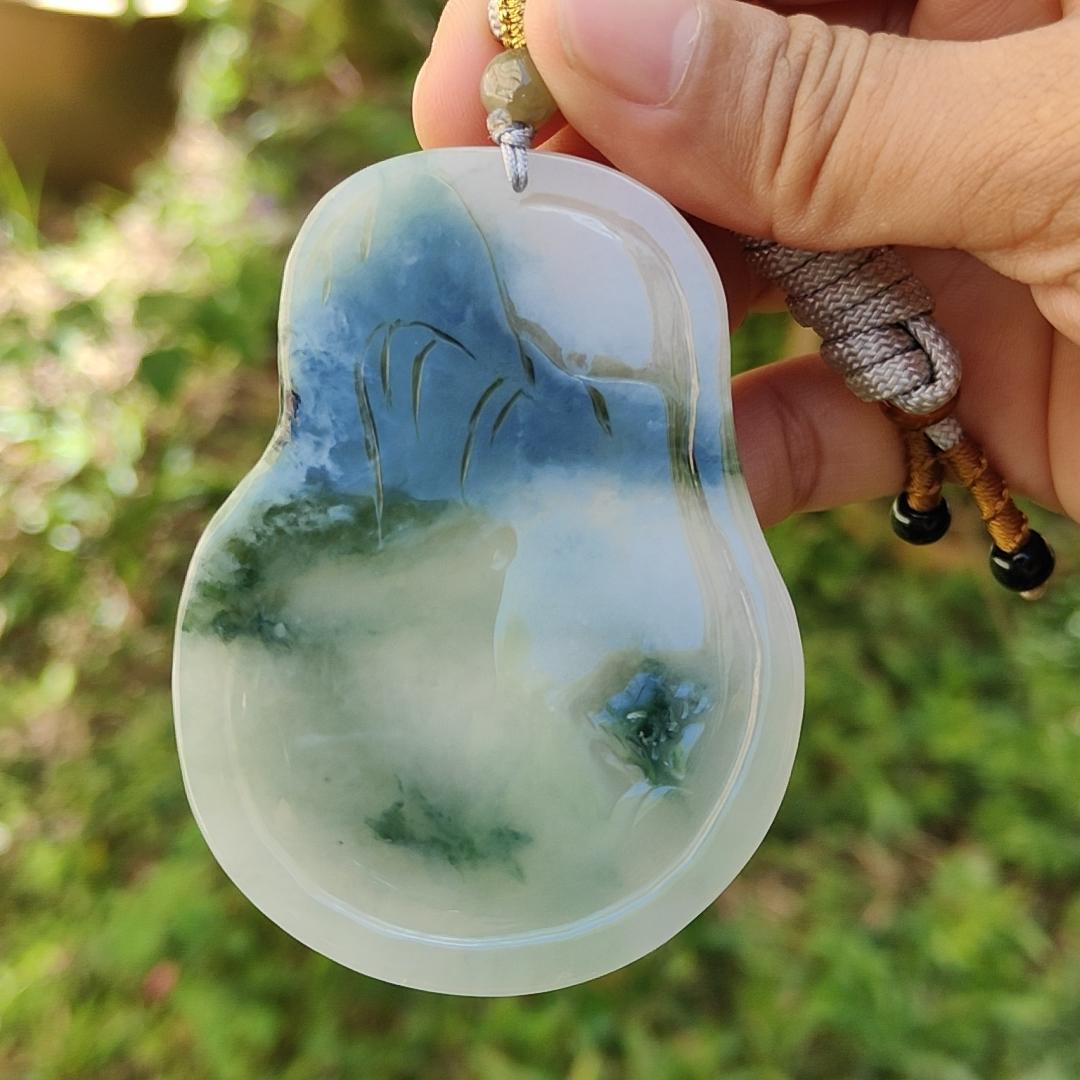 Premium Rare Semi Icy Natural Type A Jadeite crafted with Scenery and Laughing Buddha, certificate included weigh 51.59 grams, 71.8 * 53.1 * 7.5 mm, collector item, (pendant51), Yi Pin Qian