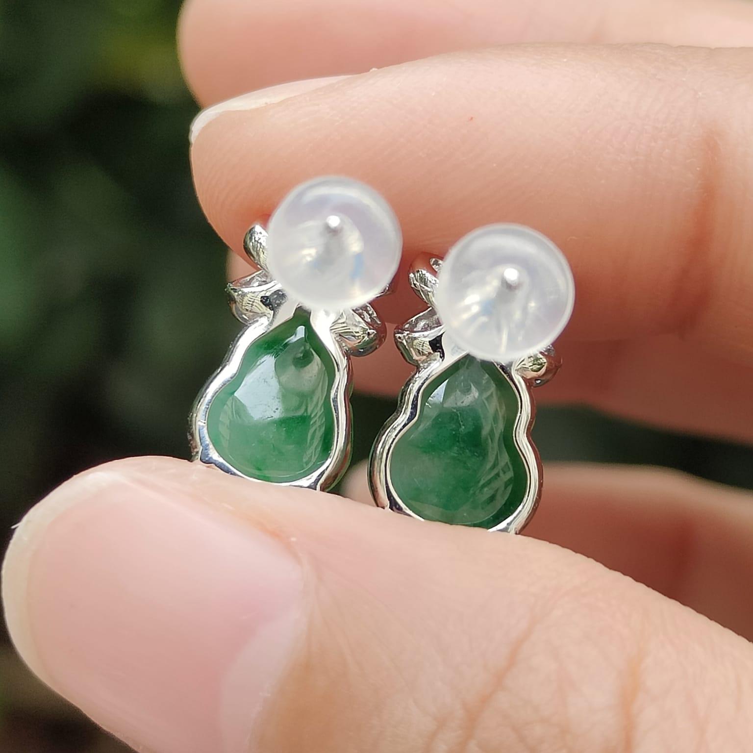 High Quality Light Green with Green Patches crafted as one pair of Gourd on Natural Type A Jadeite Jade as Stud Earrings Certificate weighs 2.38 grams (18k01) Yi Pin Qian Jadeites Jade Jewelry ~Your Precious Quintessential ~ Singapore