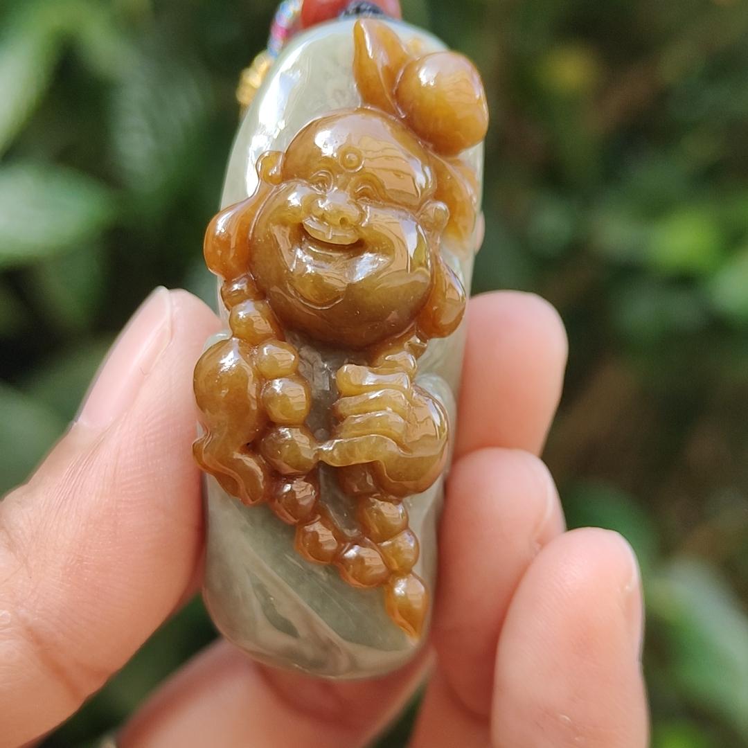 Very Rare Good Quality Reddish Yellow and Light Green Natural Type A Jadeite Jade crafted with Milo Buddha as Pendant with certificate weigh 37.43 grams, measurement 50 * 18.5 * 20.3 mm (pendant235) Yi Pin Qian