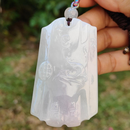 Hugh Light Lavender and Light Green Natural Type A Jadeite Pendant Necklace crafted as Chinese Old School Style pendant with chinese poem at the back, certificate included weigh 54.38 grams, 66.2 * 39.2 * 8.2 mm, collectible or daily wear (pendant38) Yi Pin Qian