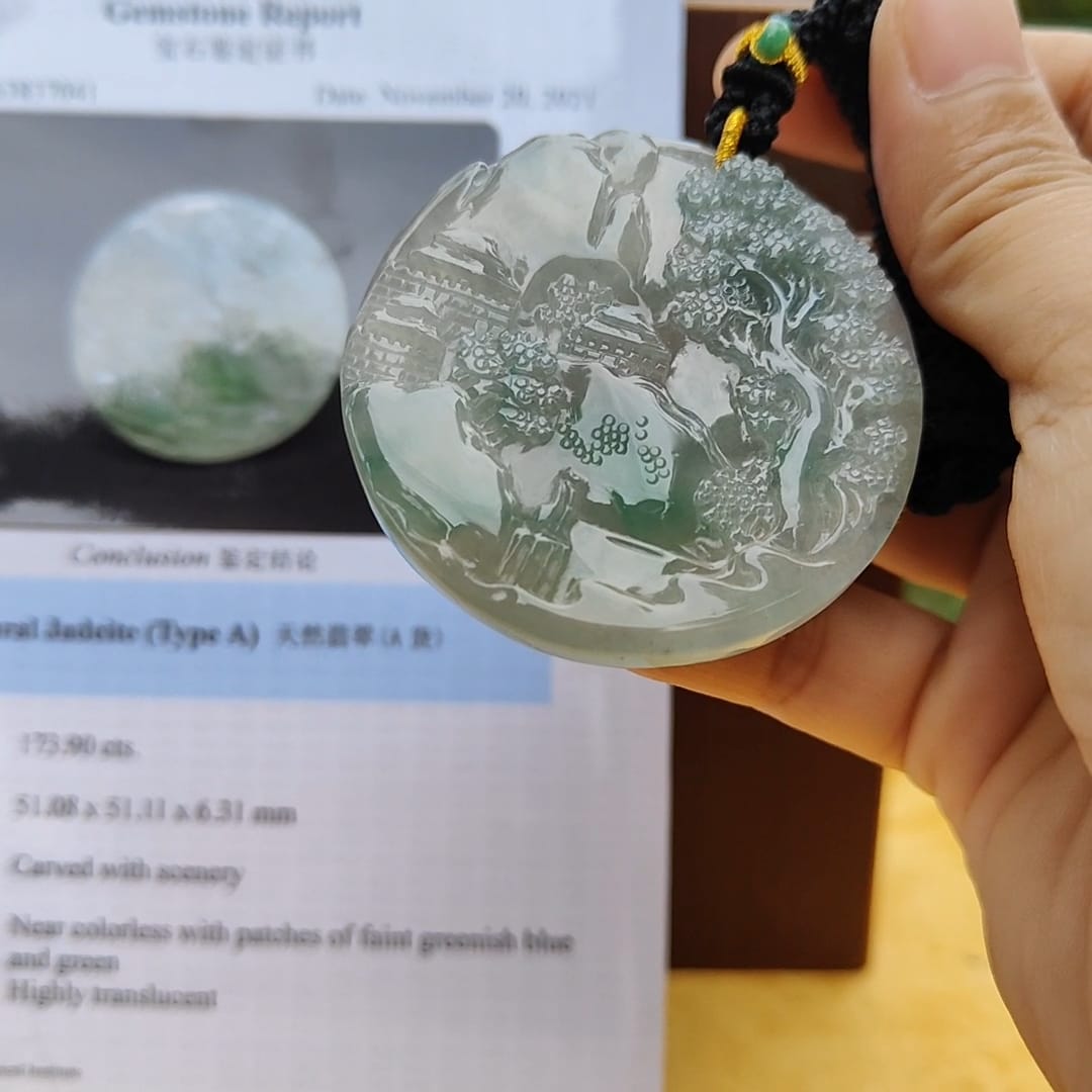 Natural Type A Jadeite carved with beautiful scenery - [51.08 * 51.11 * 6.31 mm] - Weight = 173.9 grams , premium pendant - Highly Translucent , faint greenish blue and green , NGI Certification (pendant155) Yi Pin Qian