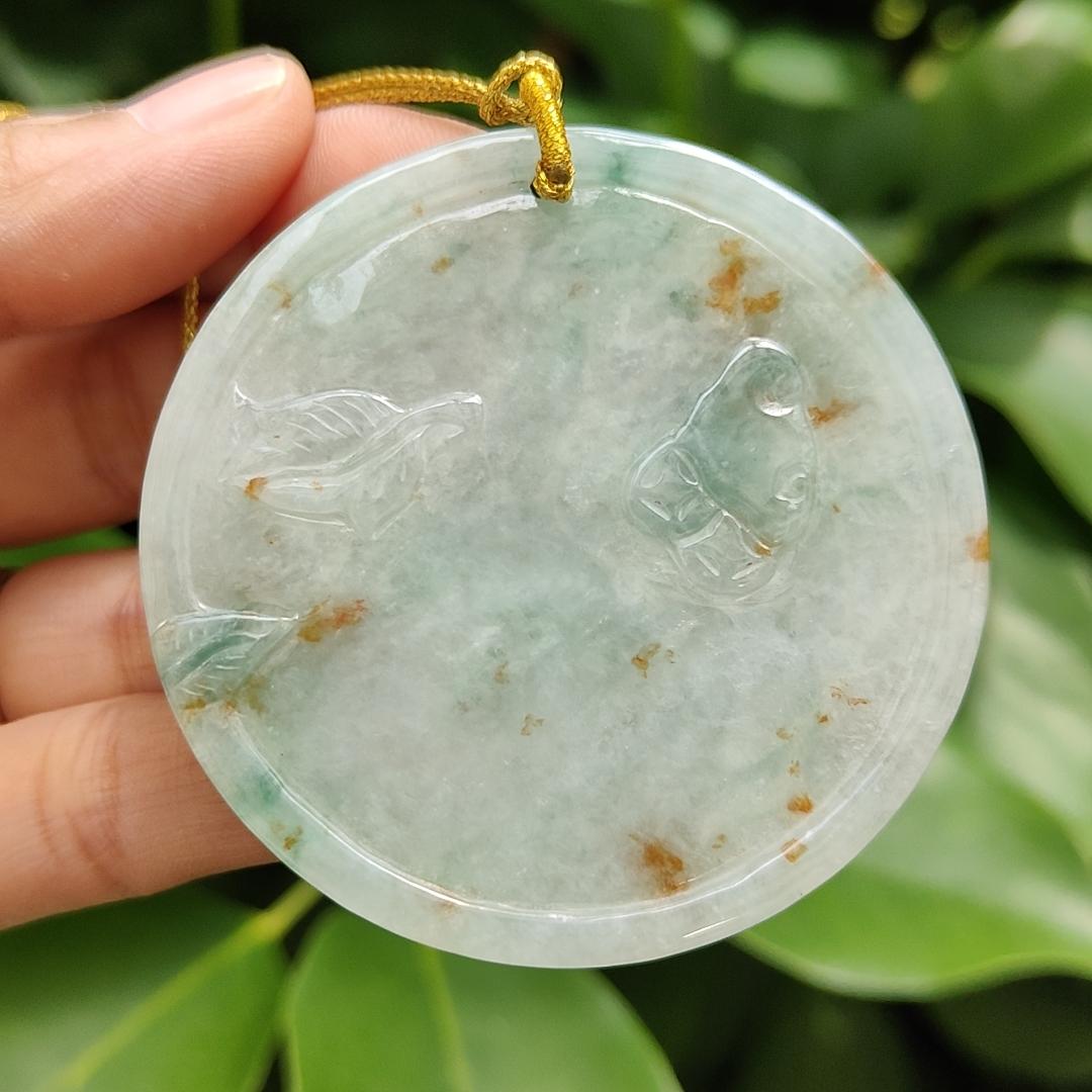Crafted with Flowers and Birds on Light Green Hue with Green and Golden Yellow Patches Natural Type A Jadeite Jade as Pendant, certificate weighs 39.24 grams, measurement 56.3 * 56.3 * 7.2 mm (pendant307) Yi Pin Qian Jadeites Jade Jewelry ~Your Precious Quintessential ~ Singapore