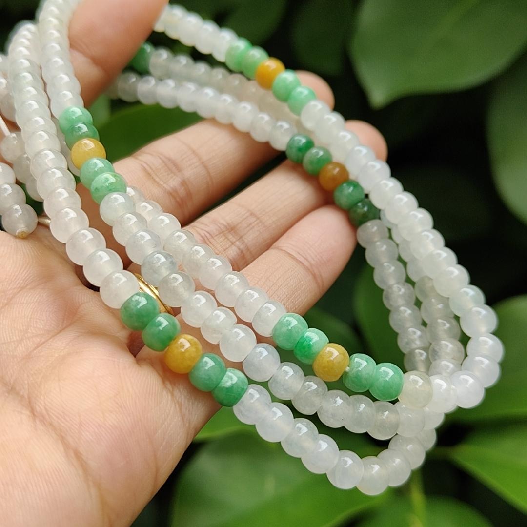 High Quality 90% Perfect 184 drum shape Icy * 154, Green * 24, Yellow * 6 Natural Type A Jadeite Jade Beads as Bracelet Necklace certificate weighs 49.19 grams, measurement 5.7 mm (bracelet29) Yi Pin Qian