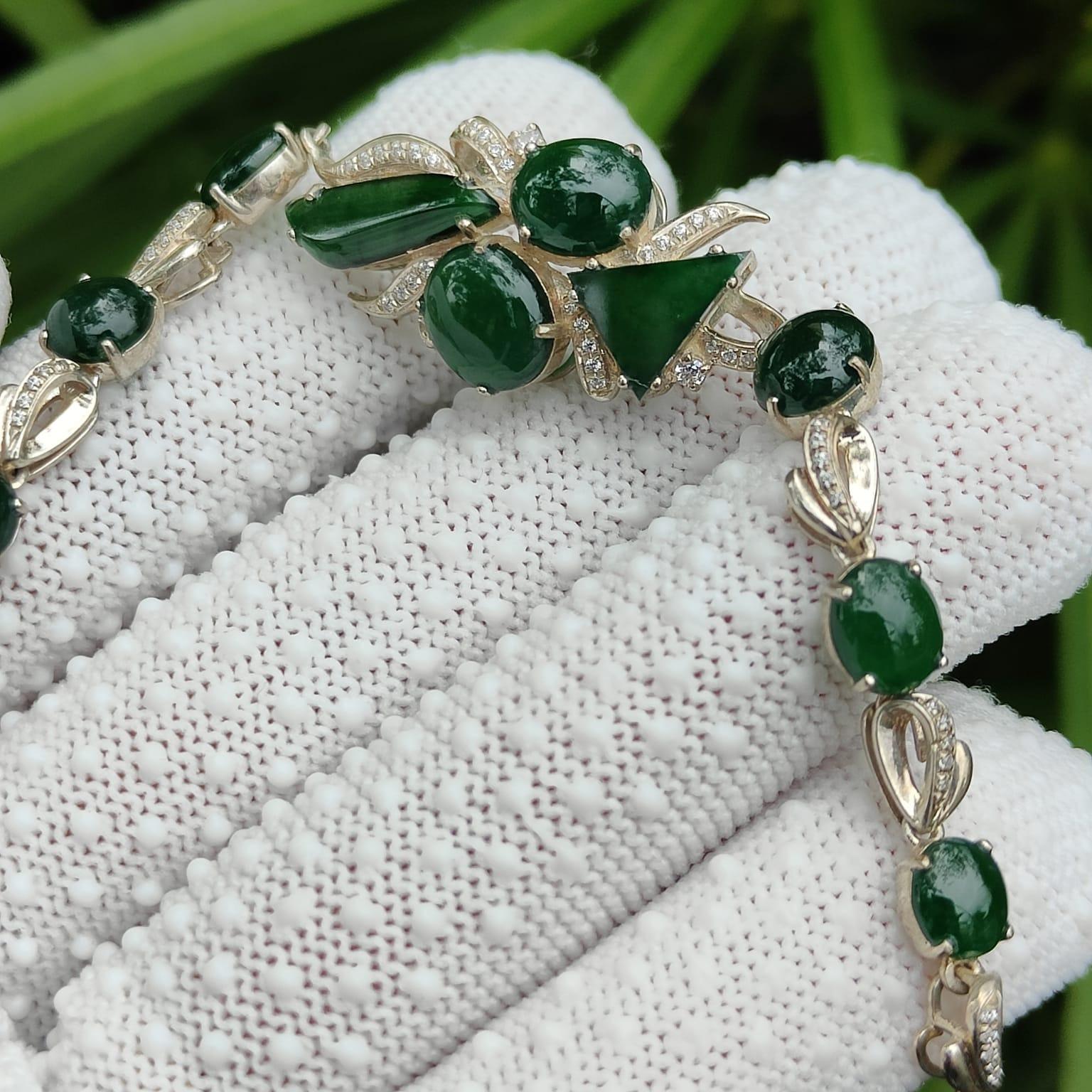 10 Dark Green Multi Shapes Cabochons crafted on Natural Type A Jadeite Jade set with High quality S925 as Bracelet, certificate weighs 7.66 grams (s925b6) Yi Pin Qian Jadeites Jade Jewelry ~Your Precious Quintessential ~ Singapore