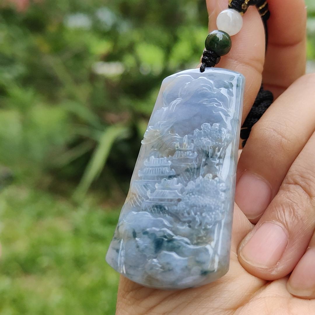 Unique Lavender Natural Type A Jadeite Pendant carved with scene come with certificate weight 19.55 grams, 53.80 *27.50 * 5.50 mmm, suitable for daily wear (pendant121) Yi Pin Qian