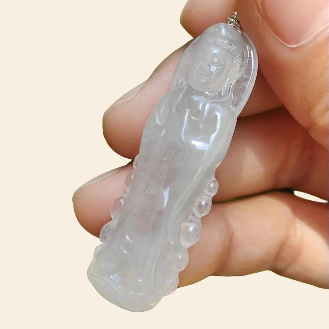 High Quality Icy Translucent Natural Type A Jadeite Jade crafted as Standing Guanyin, S925 clasp added as Pendant, certificate weighs 7.79 grams, measurement 45.7 * 14.8 * 6.3 mm (pendant269) Yi Pin Qian