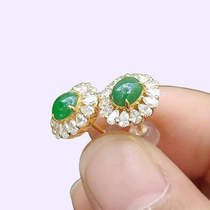 Latest New Arrival Premium High-Quality Pair of Green Cabochons Stud Earrings set on 18k gold on Natural Type A Jadeite Jade certificate weighs 2.19 grams (18kp03) Yi Pin Qian Jadeites Jade Jewelry ~Your Precious Quintessential ~ Singapore