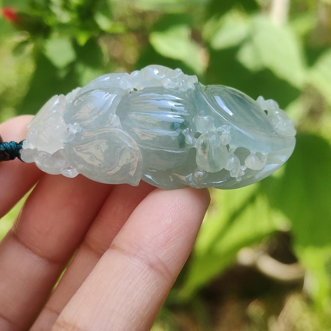 Premium Light Green Semi Icy Natural Type A Jadeite Jade Pendant crafted with frogs, coins and lotus with certificate weigh 35.12 grams, measurement 50.7 * 24.7 * 18.2 mm (pendant193) Yi Pin Qian