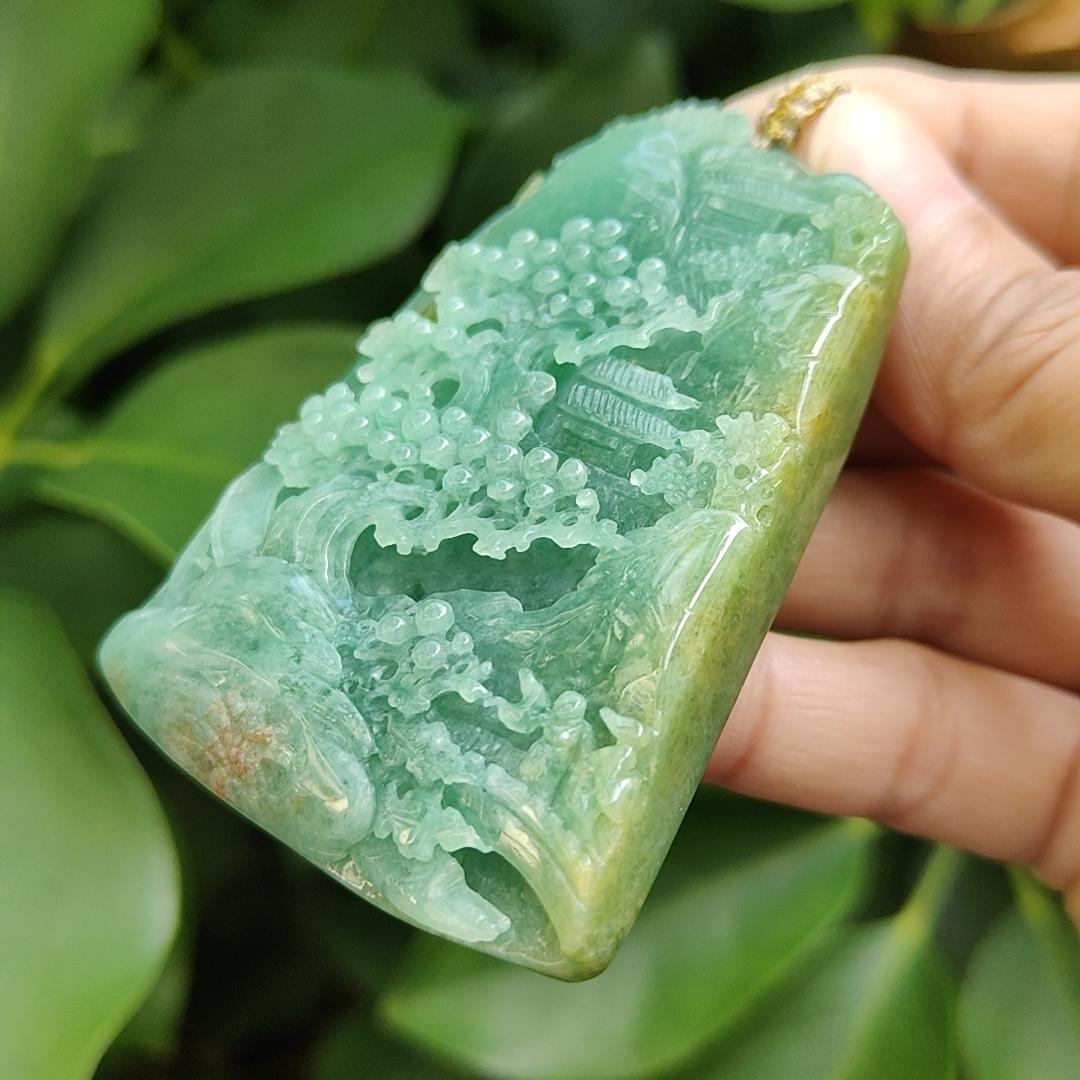 Big Jadeite-Jade, Green with Brown Natural Type A crafted with Sceneries as Pendant, Good for Fengshui, certificate weighs 76.47 grams, measurement 67.6 * 50 * 10.8 mm (pendant305) Yi Pin Qian Jadeites Jade Jewelry ~Your Precious Quintessential ~ Singapore