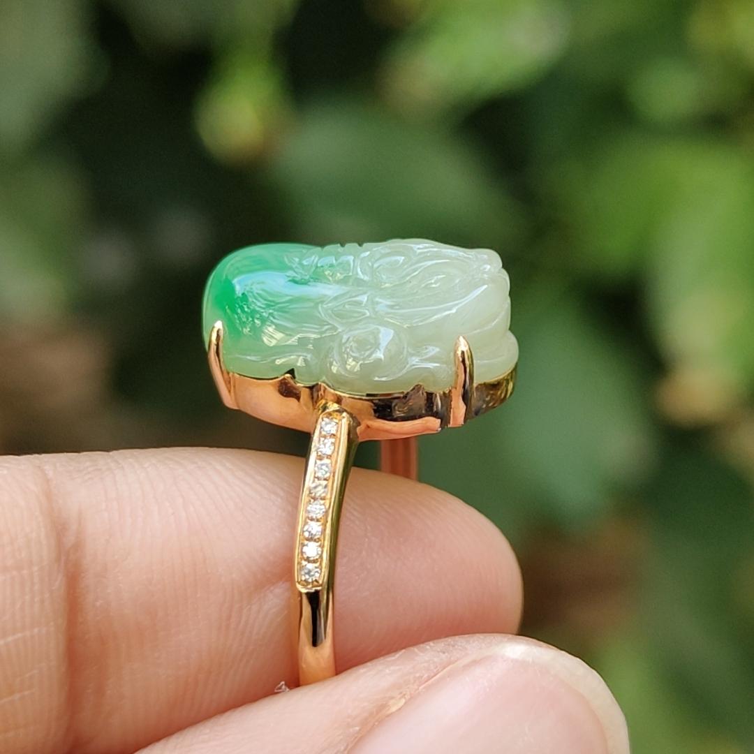 Local SG Seller - Very Beautiful 18k Gold Ring set with High Quality Natural Jadeite Jade crafted as Pixiu certificate weighs 2.82 grams, measurement 14.6 * 9.3 * 6.1 mm (18kring33) Yi Pin Qian Jadeites Jade Jewelry ~Your Precious Quintessential ~ Singapore
